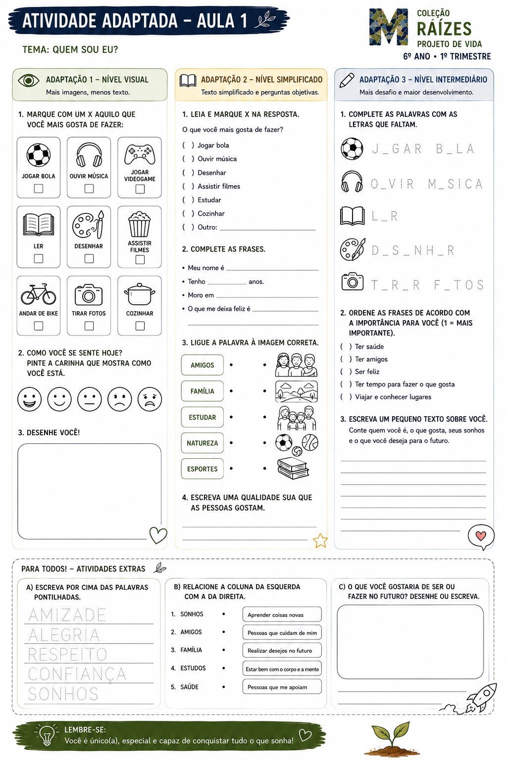 Exemplo de atividade adaptada — Projeto de Vida · 6º ano